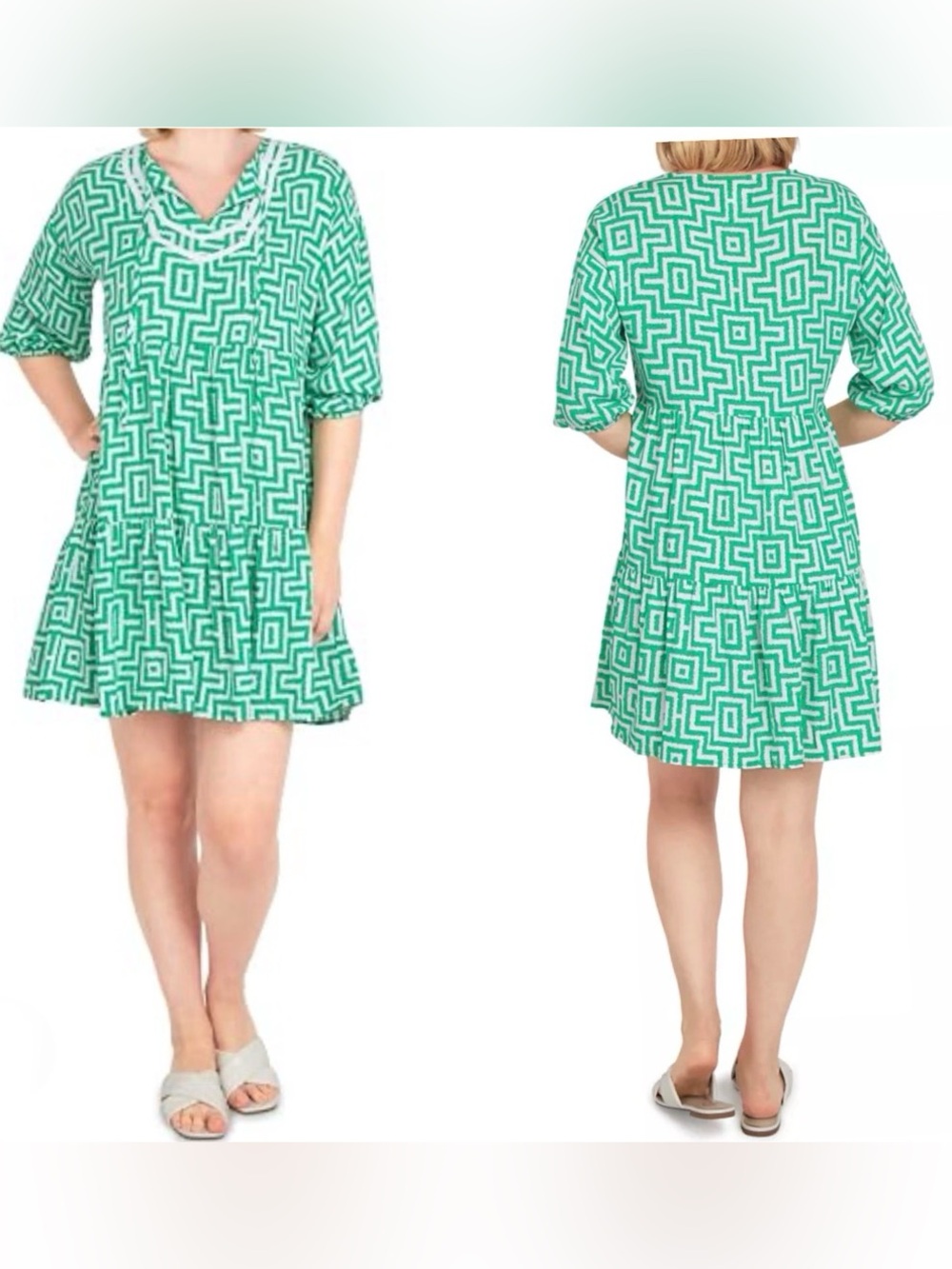 Ruby Rd. Green Geometric V‑Neck Tunic Dress or Swim Covet Up